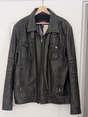 Danier Charcoal gray Leather Zip-Up Bomber Jacket W/ Removable Hood